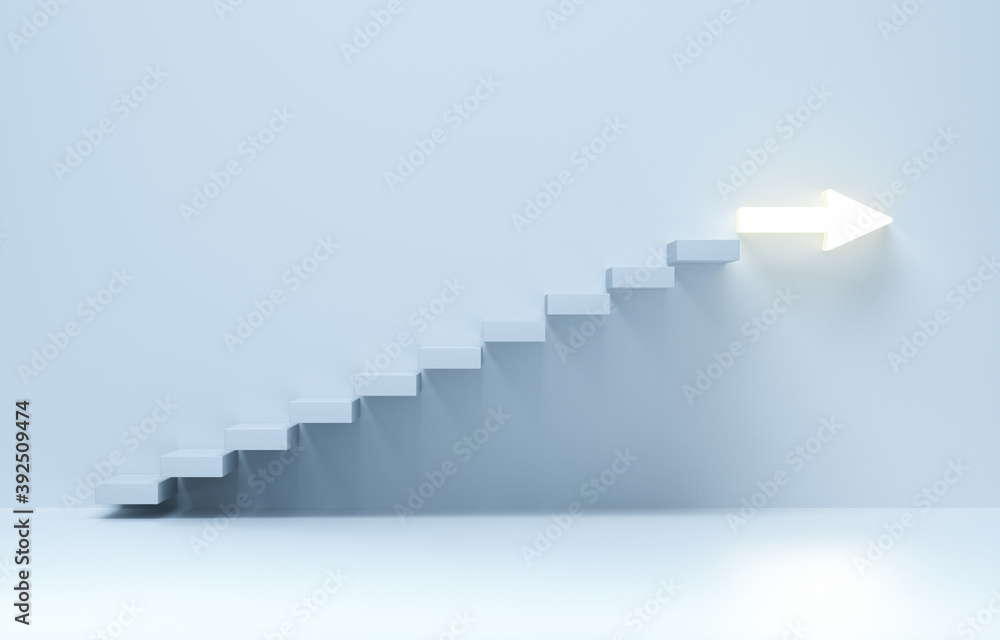 Stairs going upward, ascending stairs of rising staircase to arrow. - obrazy, fototapety, plakaty 