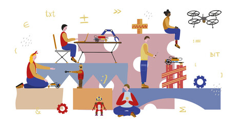 Robotics engineering vector banner template. Children Education in the robotics school, rest in the camp. Class for study with innovation technology