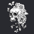Vintage goth skull with butterdlies and flowers