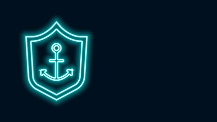 Sticker - Glowing neon line Anchor inside shield icon isolated on black background. 4K Video motion graphic animation