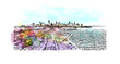 Building view with landmark of Chicago, on Lake Michigan in Illinois, is among the largest cities in the U.S. Watercolour splash with Hand drawn sketch illustration in vector.