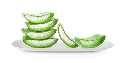 Wall Mural - Aloe vera slice in white plate on white background