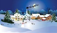 Happy New Year And Merry Christmas Winter Old Town Street. Christmas Town City Panorama. Santa Claus With Deers In Sky Above The City. Vector Illustration In Flat Style
