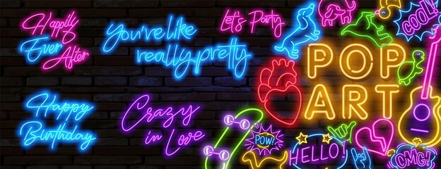 Wall Mural - Pop art neon light sign. Bright signboard, light banner. Vector illustration Pop art icons set. different neon signs in neon style.