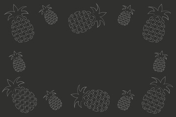 Wall Mural - Pineapple drawn in chalk on a black background. Drawn frame. Empty background for text