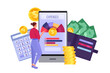 Personal budget planning and monthly expense accounting illustration with smartphone, woman, dollars. Finance audit and tax payment concept with coins, wallet. Vector budget planning and analysis