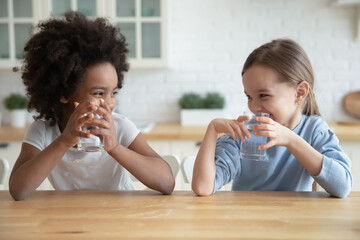 cute smiling diverse little girls drinking fresh water, sitting at wooden table in kitchen, looking 