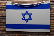 3D Illustration Of The National   Fabric Flag Of Israel Nailed On A Wooden Wall .Country Symbol.