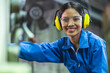 © whyframeshot - portrait asian female Professional engineering wearing uniform and safety goggles Quality control, maintenance, check in factory, warehouse Workshop for factory operators