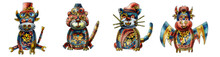 Bull, Tiger, Cat , Dragon Chinese Zodiac Symbols Of The New Year. Bull, Tiger, Cat, And Dragon In Steampunk Style. Hand-drawn. Eastern Horoscope. Watercolor Illustration