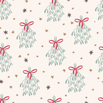 Merry Christmas seamless pattern in traditional colors with vector hand drawn mistletoe, florals, stars. Christmas repeated background for wrapping paper, fabric, christmas decoration