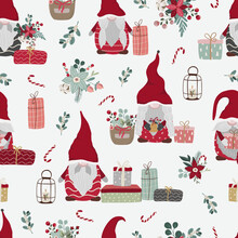Merry Christmas Seamless Pattern In Traditional Colors With Vector Hand Drawn Christmas Gnomes Illustration. Scandinavian Christmas Repeated Background For Wrapping Paper, Fabric, Christmas Decoration