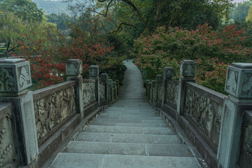  A Chinese stone bridge at the lakeside of West lake in Hangzhou, China, autumn time.