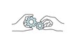 Hand drawn vector illustration of two hands holding cogwheel.