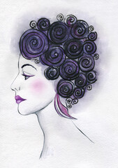 Portrait of beautiful woman with fantastic hair style. Watercolor illustration