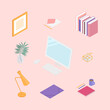 © nod design - Office supplies set with computer. Isometric vector illustration in flat design. Working from home, office, doing homework, school.