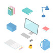 © nod design - Office supplies set with computer. Isometric vector illustration in flat design. Working from home, office, doing homework, school.