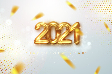 Wall Mural - 2021 Happy new year. Gold design metallic numbers date 2021 of greeting card. Happy New Year Banner with 2021 numbers on Bright Background. Vector illustration.