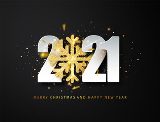 Wall Mural - 2021 Happy New Year greeting background with golden glitter snowflake and white numbers on black background. Vector Christmas illustration