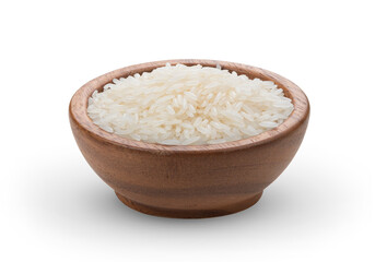 Uncooked dry rice in wooden bowl isolated on white background