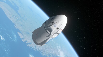 Futuristic spaceship in open space. Cargo spacecraft shuttle on low earth orbit.