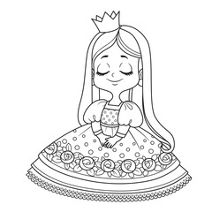 Poster - Cute embarrassed princess in a pink dress outlined for coloring book