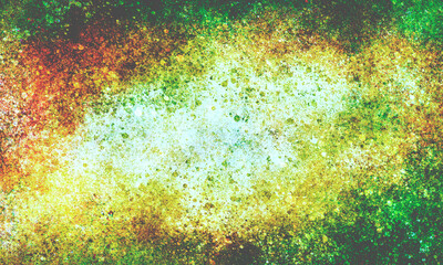 Wall Mural - grunge bright saturated chaotic grainy background with spots and blots of green, yellow, red colors. contrasting backdrop with a light spot in the center