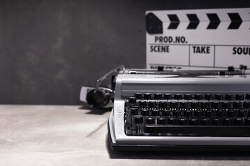 Poster - vintage retro typewriter, film camera and movie clapper board