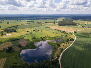 Sticker - countryside aerial landscape with roads and green fields in summer