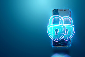 Image of two locks on the background of a smartphone. Protection of information when using a mobile phone. Double authentication, privacy protection. 3D illustration, 3D render.