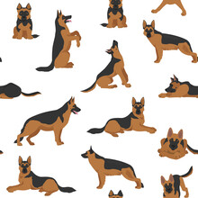 German Shepherd Dogs In Different Poses. Shepherd Characters Seamless Pattern