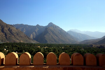 Show of the chain of green mountains from Nakhal Fort, Al Batinah Region, Oman