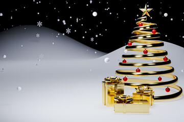 gold christmas tree gold gift box and gold ribbon with christmas toys on snow feild at night, christmas background, 3d rendering