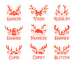 Christmas reindeer names. Set of vector silhouettes of santa deer faces with names and antlers. Templates for Christmas and New Year cards, flyers, invitations and tags.
