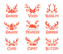 Christmas Reindeer Names. Set Of Vector Silhouettes Of Santa Deer Faces With Names And Antlers. Templates For Christmas And New Year Cards, Flyers, Invitations And Tags.