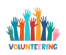 Colored Volunteer Crowd Hands. Hand Drawing Lettering Volunteering. Raised Hand Silhouettes. Volunteer Education Poster Mockup, Donation And Charity Concept. Vector Illustration.