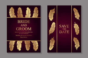 Poster - Modern luxury wedding invitation design or card templates for birthday greeting or certificate or poster with golden feathers on a red background.