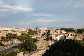 Panoramic view of city Rome with Roman forum and Colosseum from Vittoriano