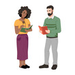 © Sensvector - Afro american woman and caucasian man standing with open books, reading together. Vector black girl and guy chatting with textbooks. Bearded guy reads literature, people discussing novel or poetry