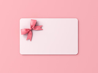 Poster - Blank white gift card with pink ribbon bow isolated on pink pastel color background with shadow minimal concept 3D rendering