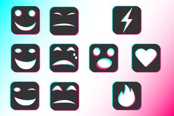 Wall Mural - Set with smiling face, heart, fire and flash with glitch style for modern social network. Emoji icons. Web elements layouts. Blogging. Social media concept.
