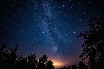 overhead milky way with stars in clear summer night. country side.