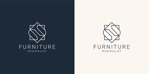 Minimalist abstract line art furniture. logo design style, line.abstract,interior,monogram,Furnishing design template illustration. Premium Vector