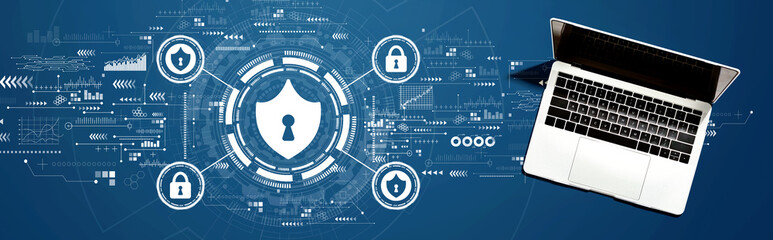 Cyber security theme with a laptop computer on a desk