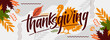 happy thanksgiving banner design with typography, turkey bird and abstract leaves background.
