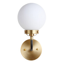 1 Light Dimmable Armed Wall Sconce Isolated. Chandelier Lighting. Electric Light Fixture With Glass Globe Shade Vintage Candelabra 25 Watt LED Bulb Brushed Brass. Interior Electrical Decoration Light