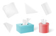 Set of paper napkins and tissues folded in different forms and inside of boxes