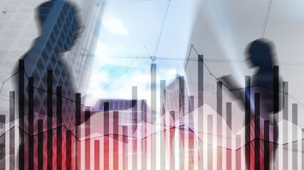 Wall Mural - Business people silhouettes with forex chart on blurry city background. Teamwork, finance and success concept. Mixed Media.