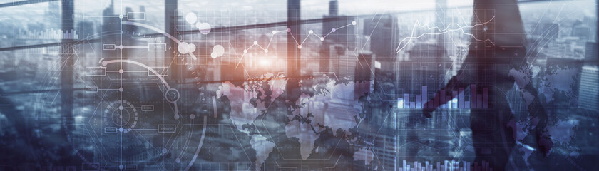 Wall Mural - financial dashboard with business intelligence. background silhouettes and city.