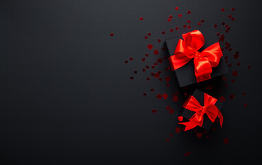 Wall Mural - gifts with red ribbon, present on black background top view. valentine's day. birthday. women's day.